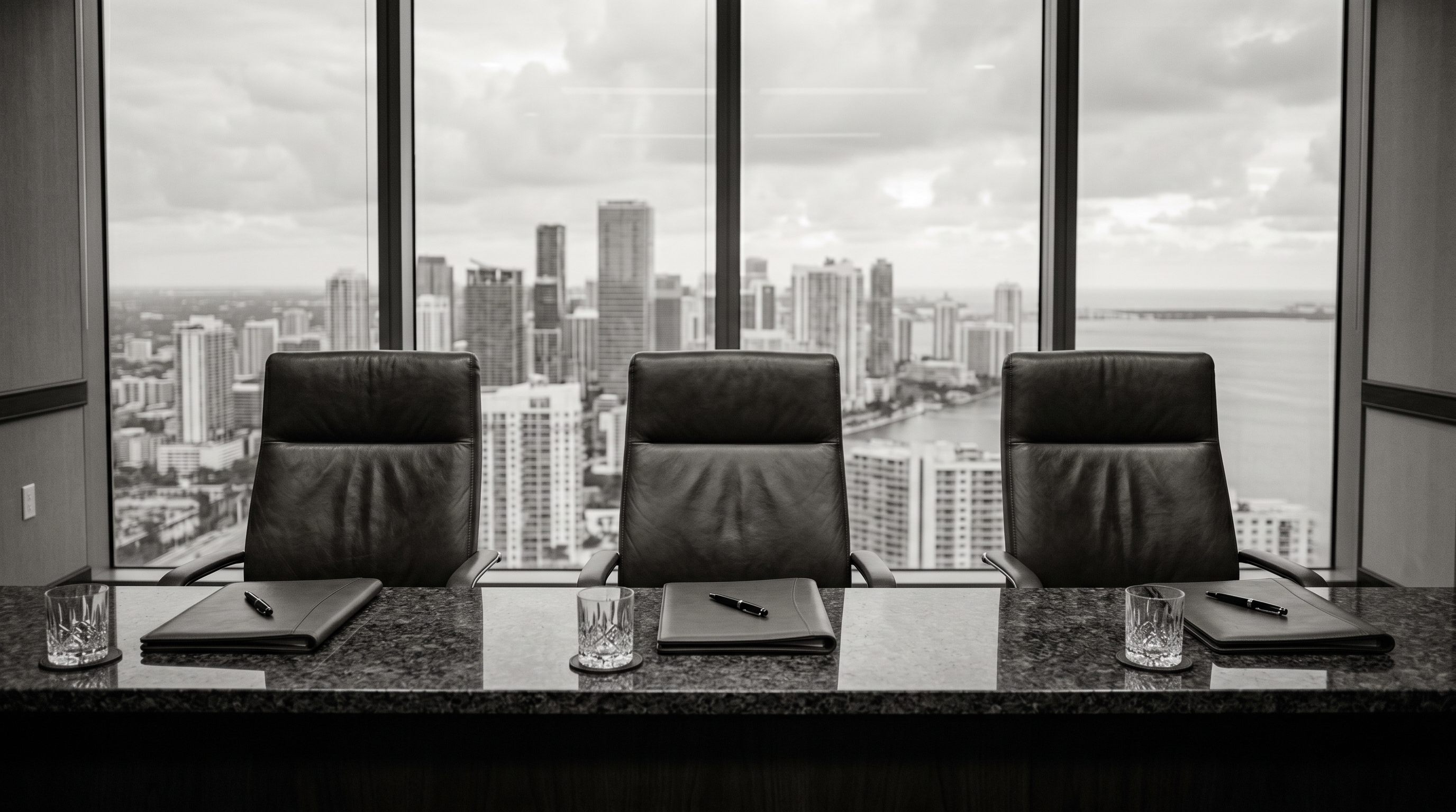 Three empty chairs at the conference table, Miami skyline through the window — the seats reserved before the meeting.