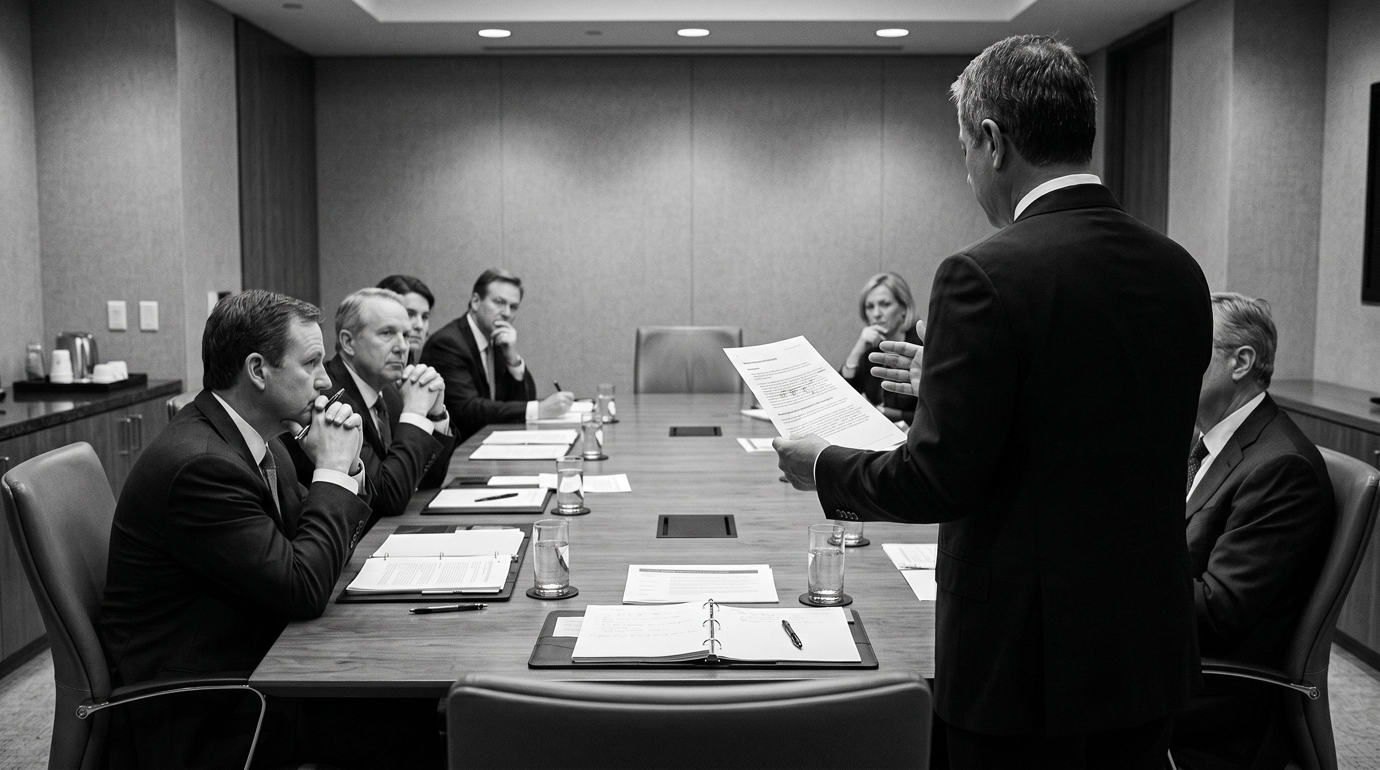 An audit committee in session, the partner presenting from the head of the table.