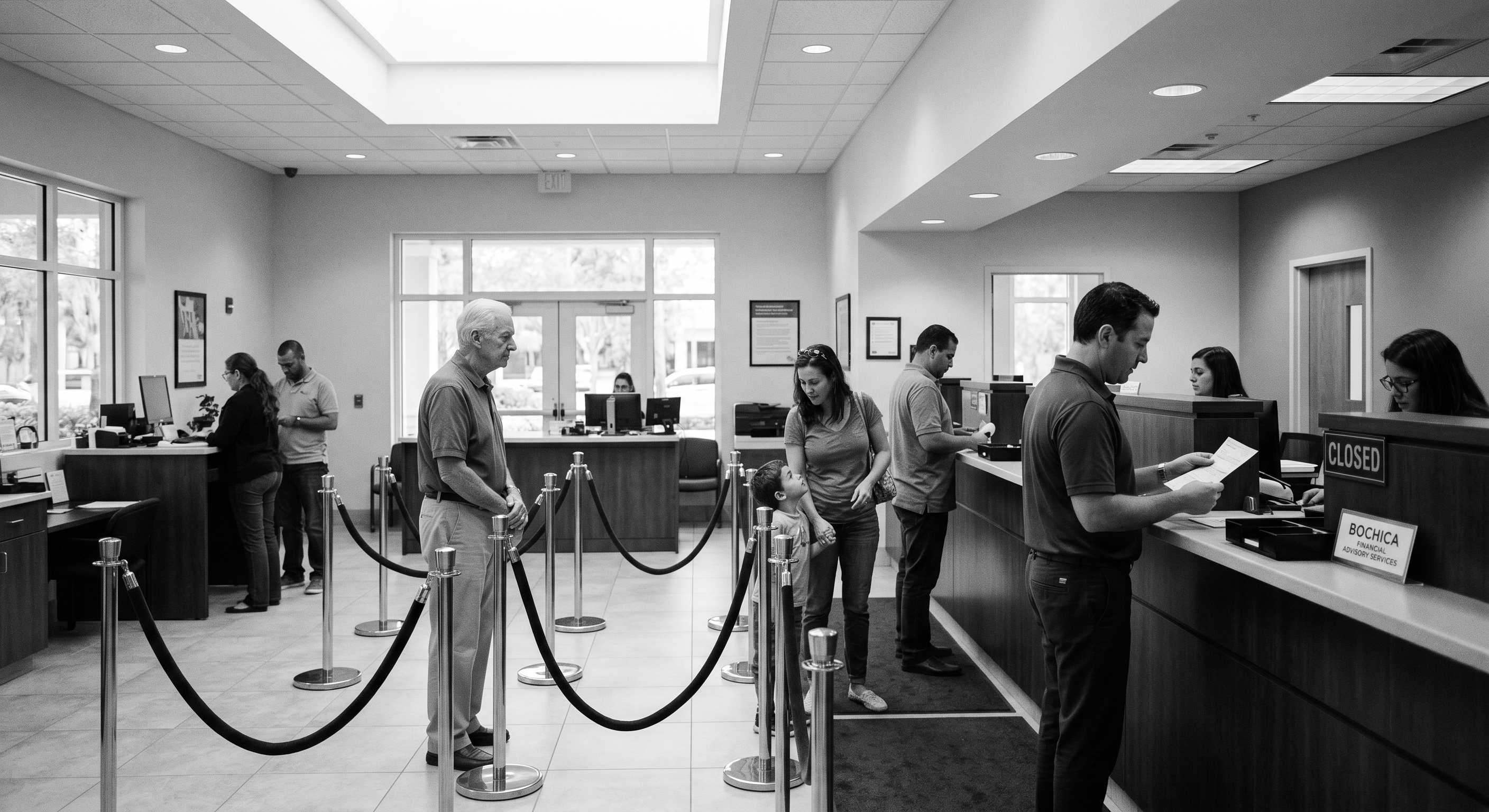 Members at the teller counter of a community bank, mid-morning.