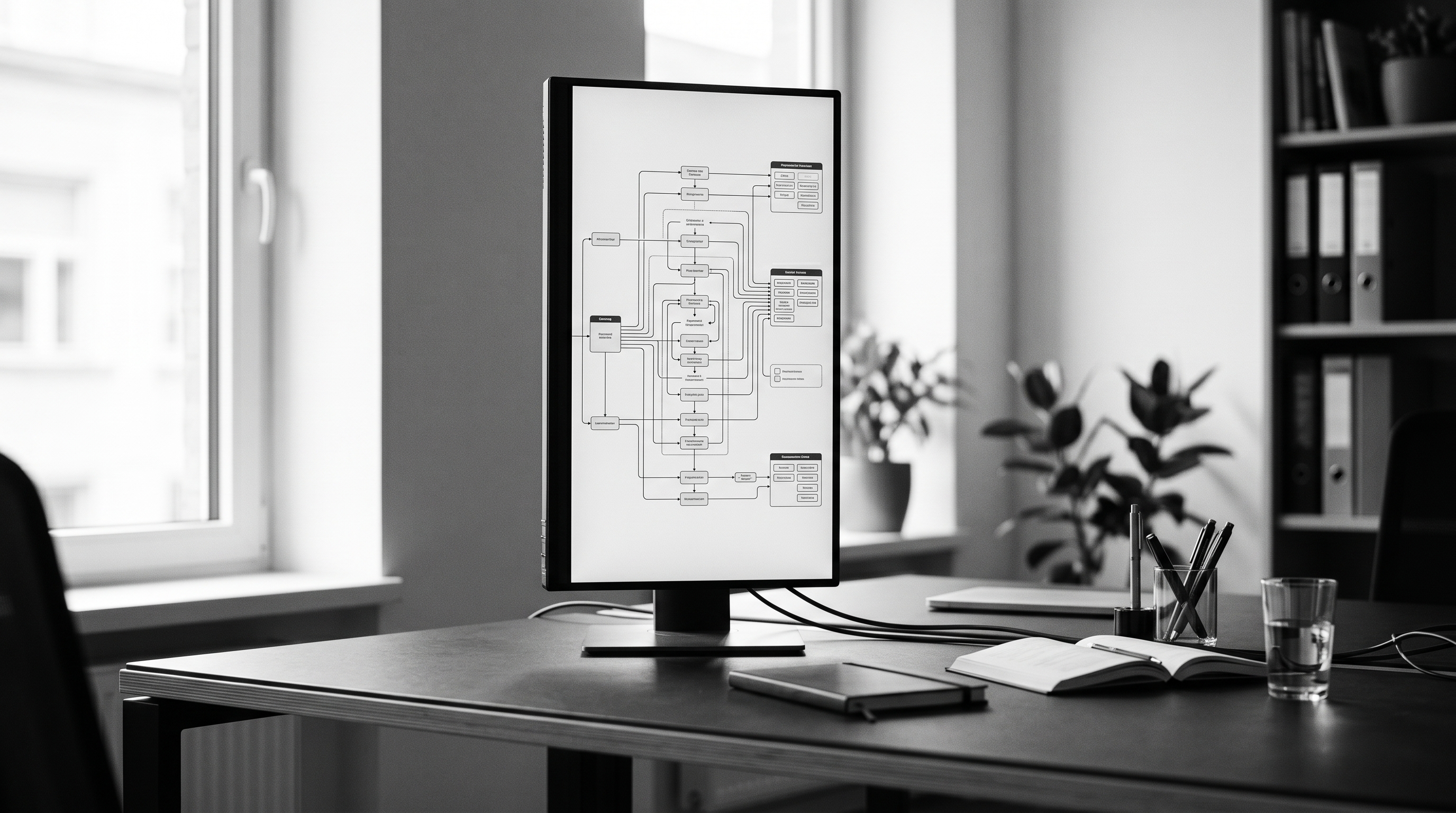 A payments-flow diagram open on a workstation during sponsor diligence.