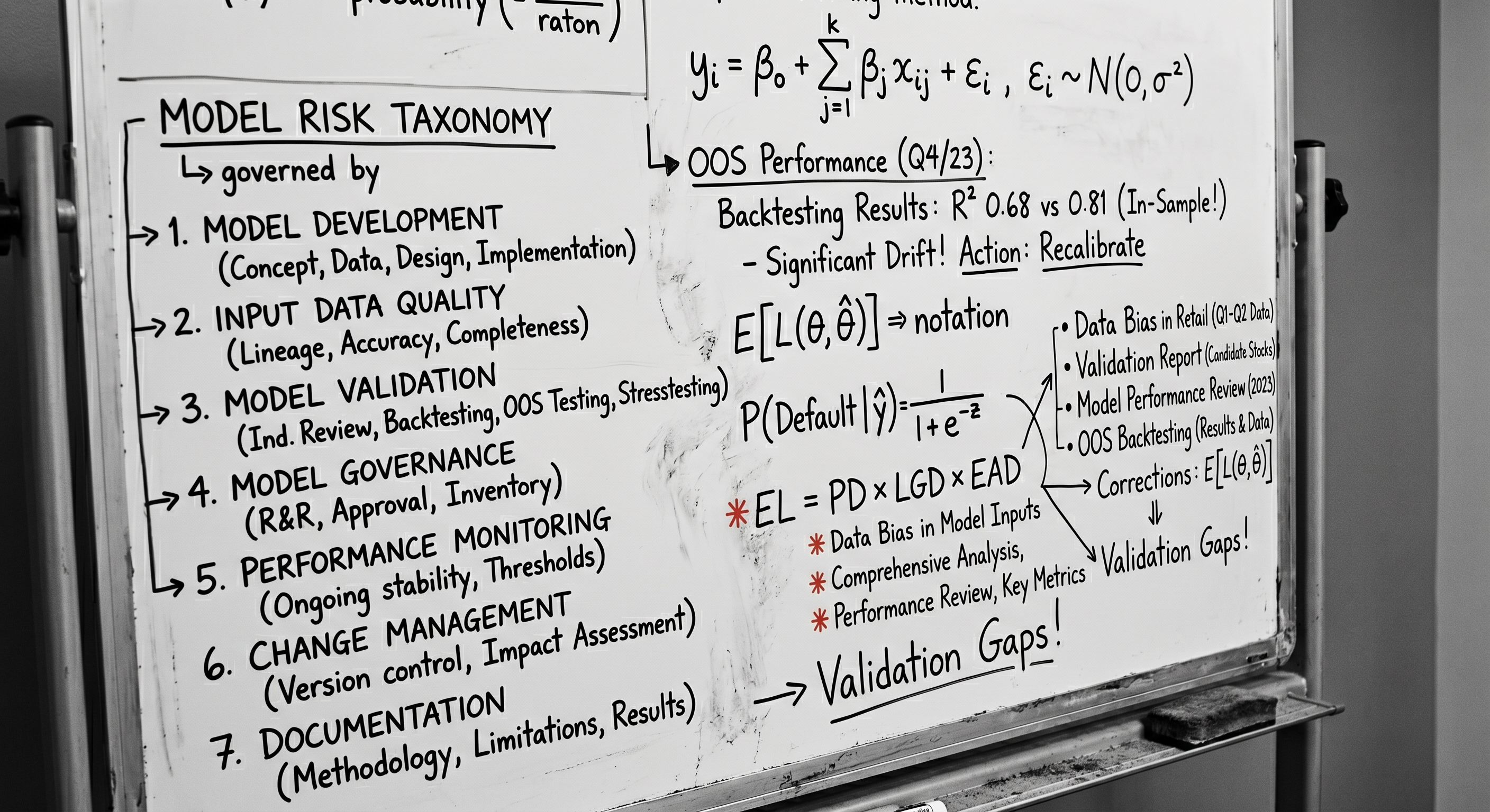 A whiteboard mapping the model risk taxonomy and out-of-sample backtesting findings.