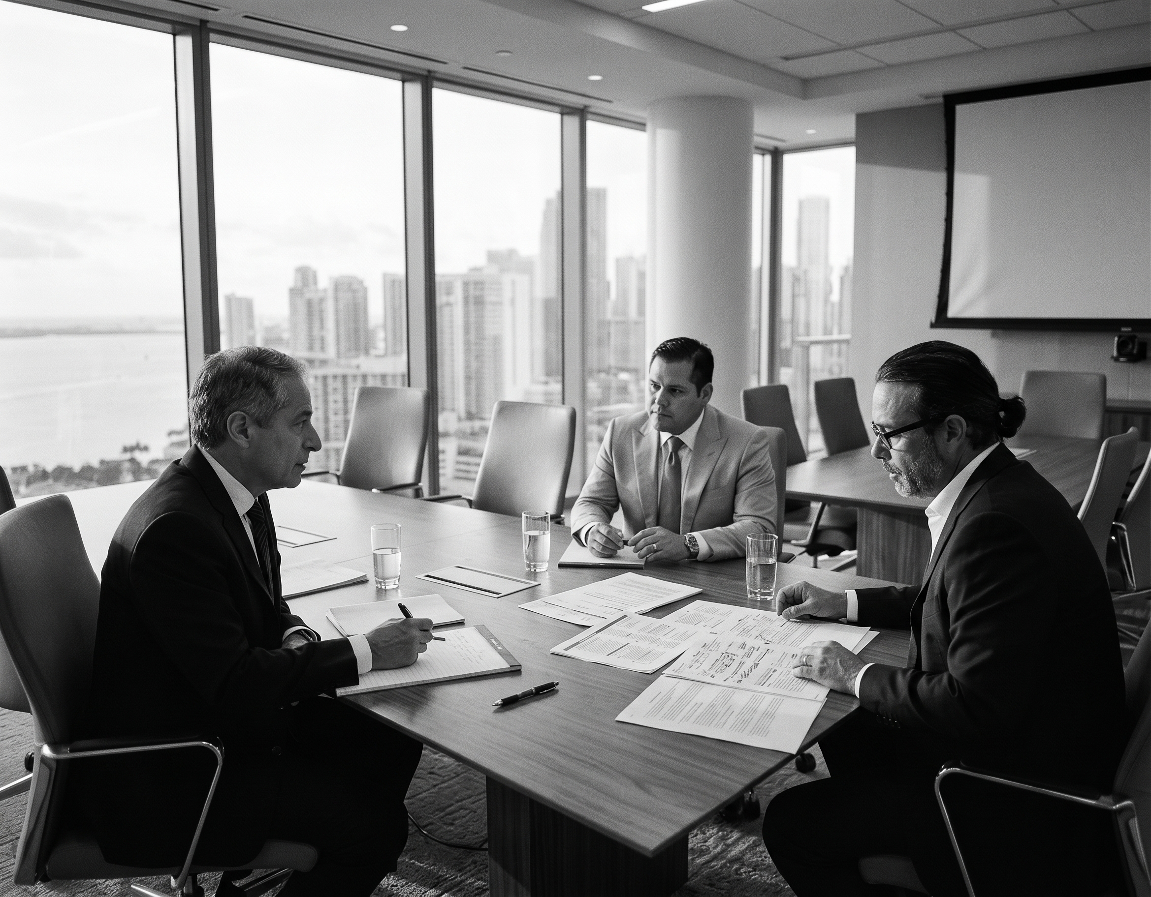 The three founding partners at the conference table, Miami skyline behind.