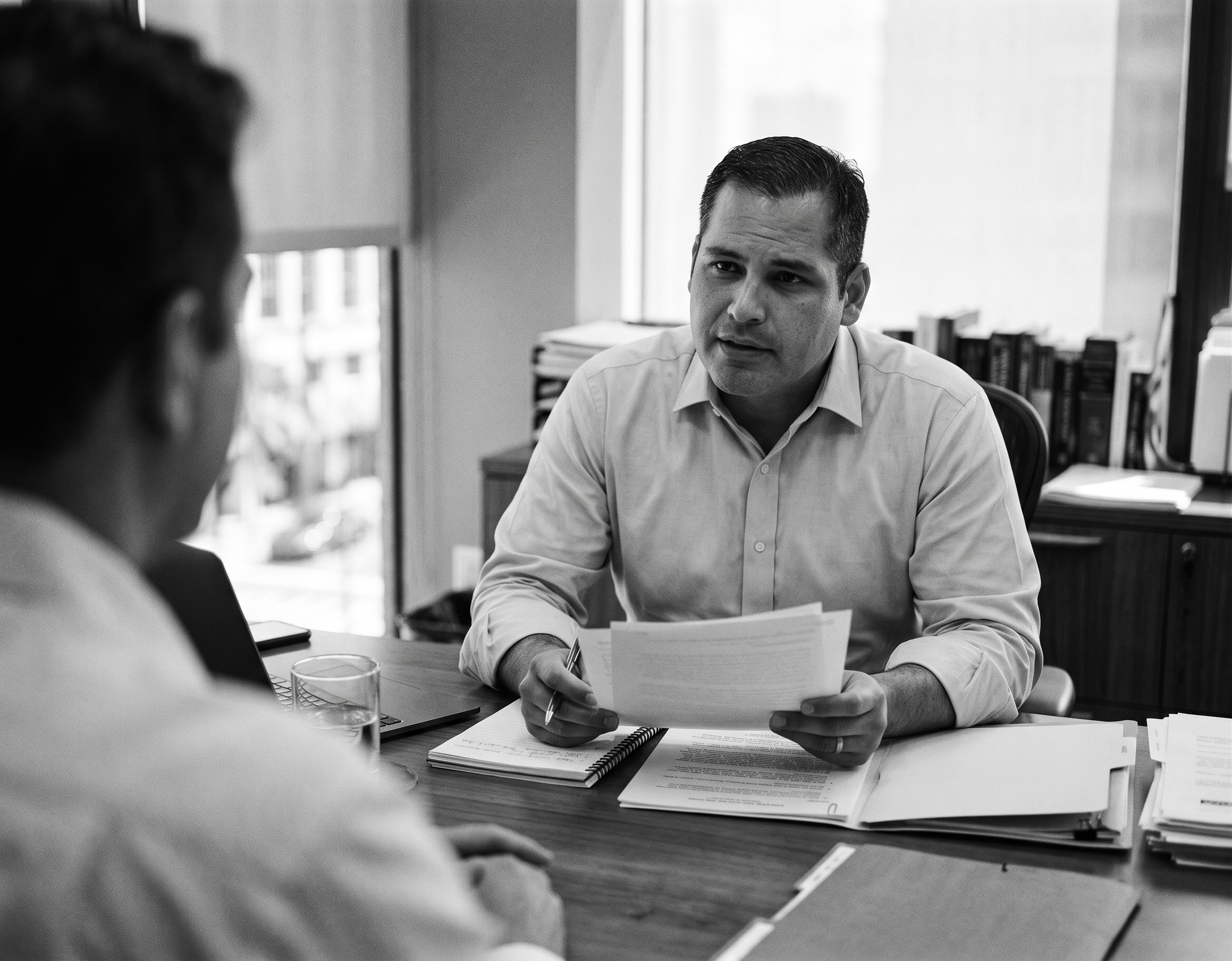 Andres J. Castañeda in conversation across a desk during a client engagement.