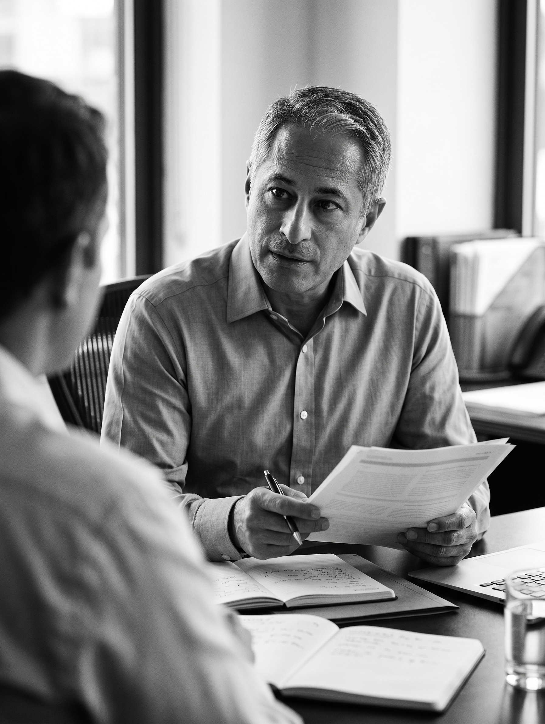Patricio Perez in conversation across a desk during a client engagement.